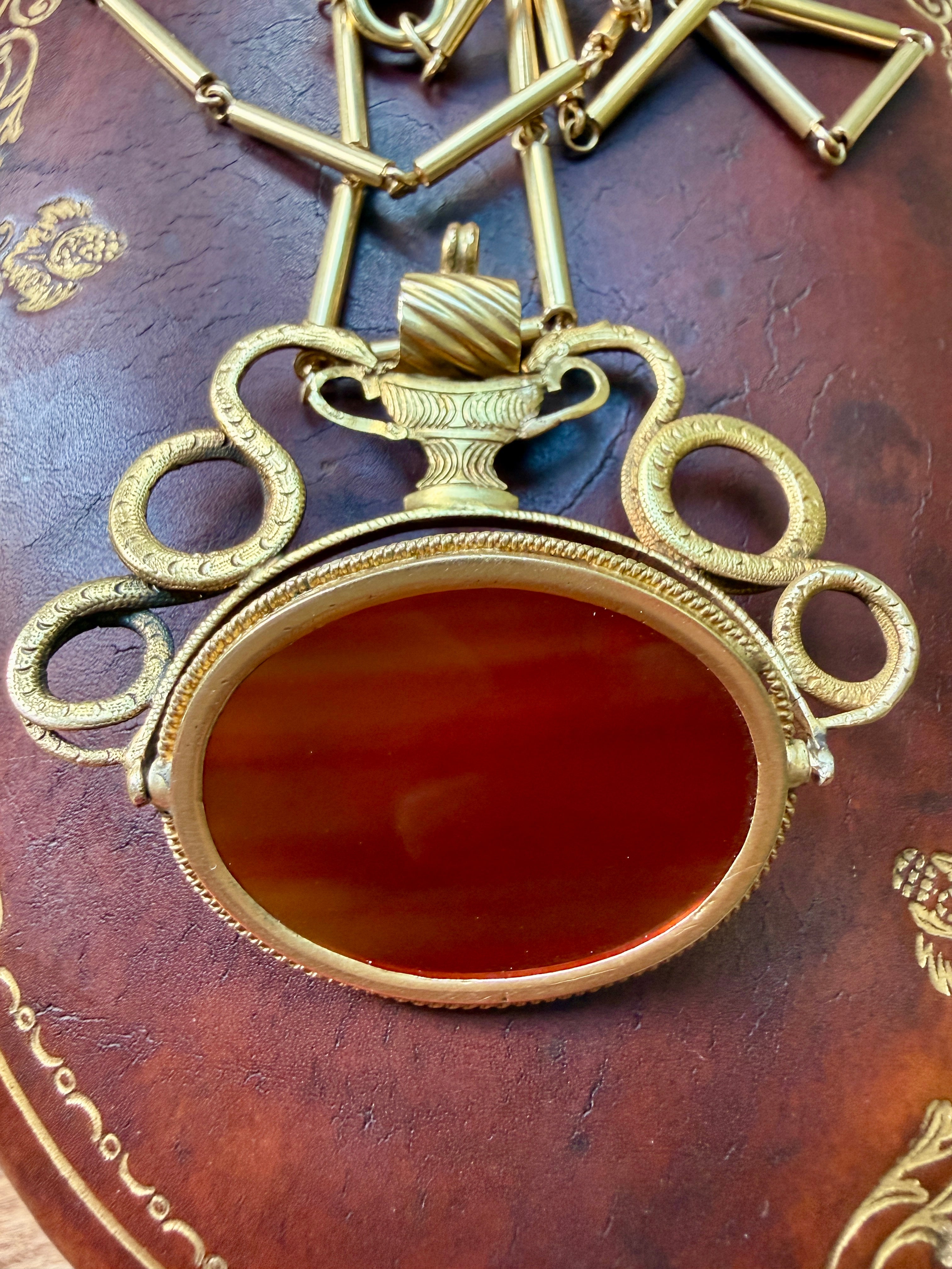 Antique Carnelian and 18k Gold Pendant with Heraldic Serpents