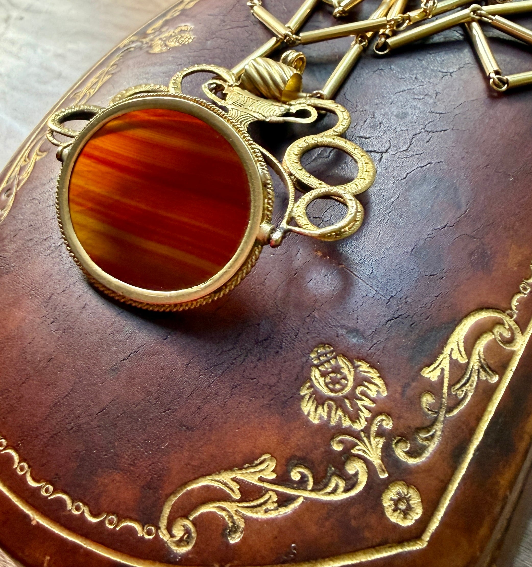 Antique Carnelian and 18k Gold Pendant with Heraldic Serpents