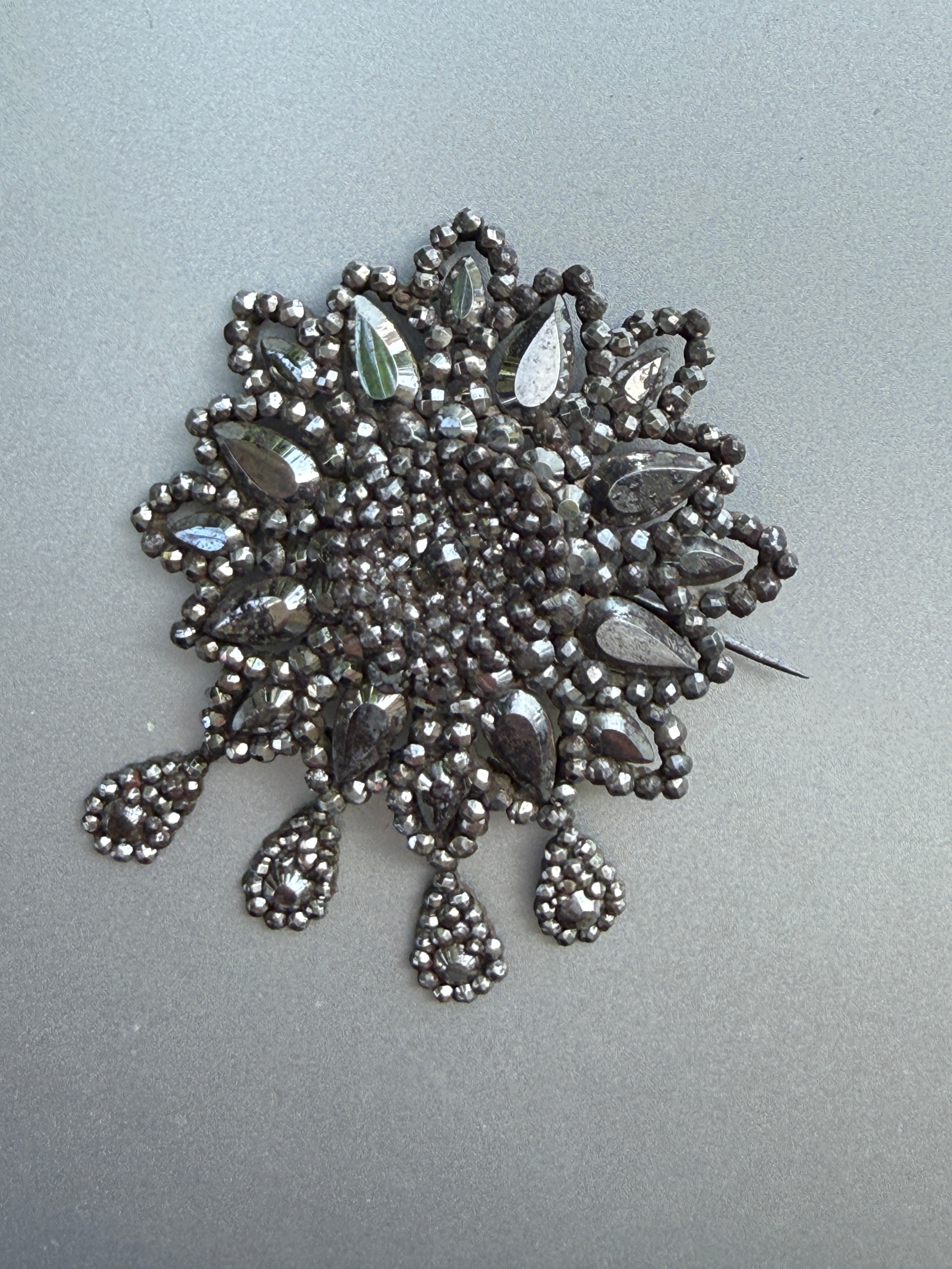 Late Georgian Cut Steel and Vauxhall Glass Brooch