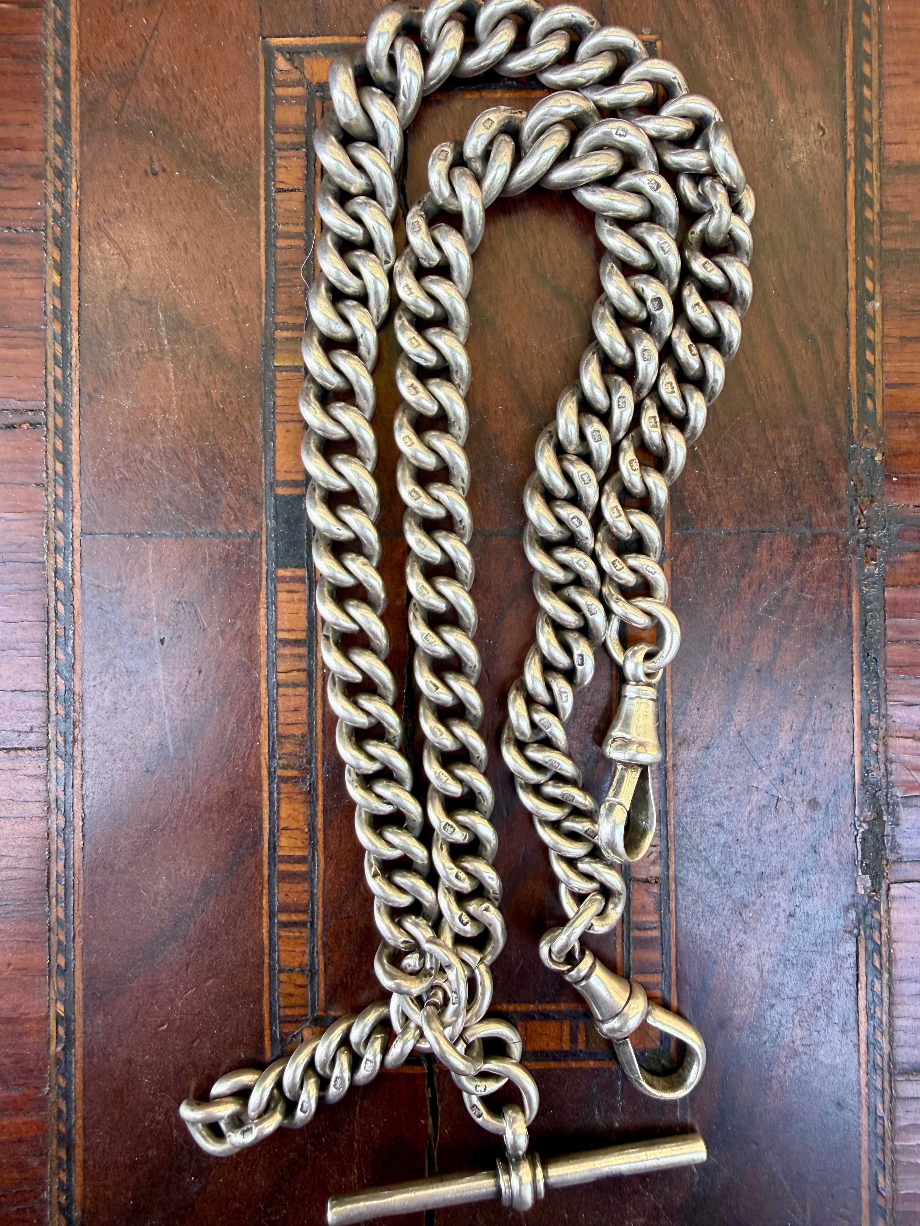 Antique Heavy Sterling Silver Double Albert Curb Watch Chain, Birmingham 1914