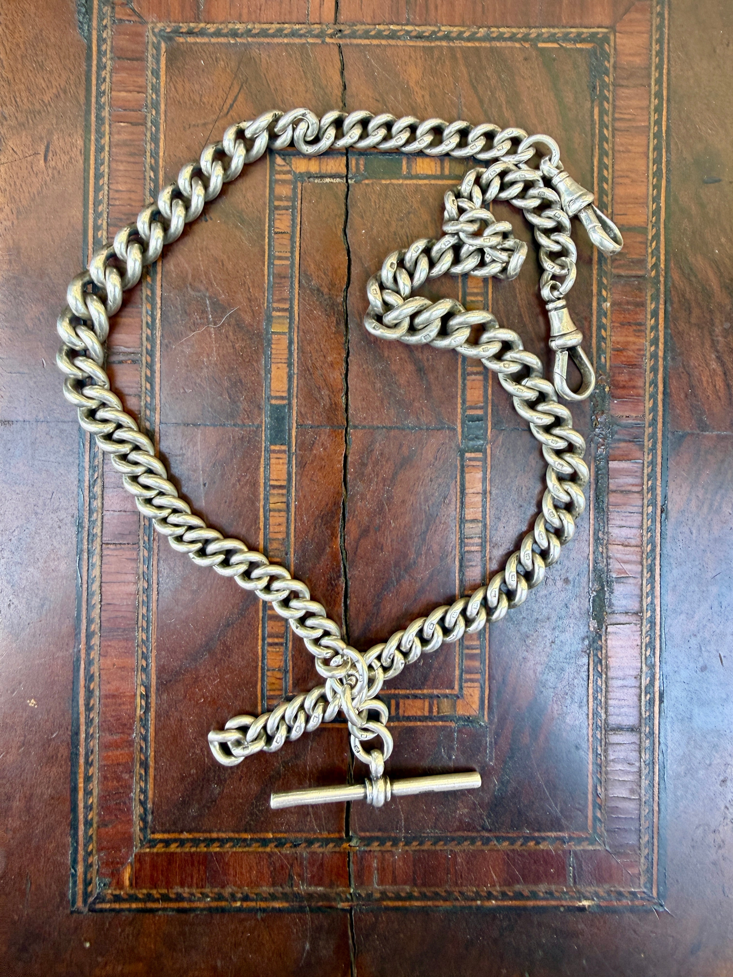 Antique Heavy Sterling Silver Double Albert Curb Watch Chain, Birmingham 1914
