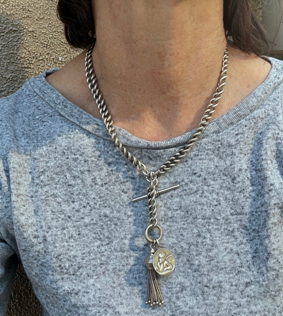 Antique Heavy Sterling Silver Double Albert Curb Watch Chain, Birmingham 1914