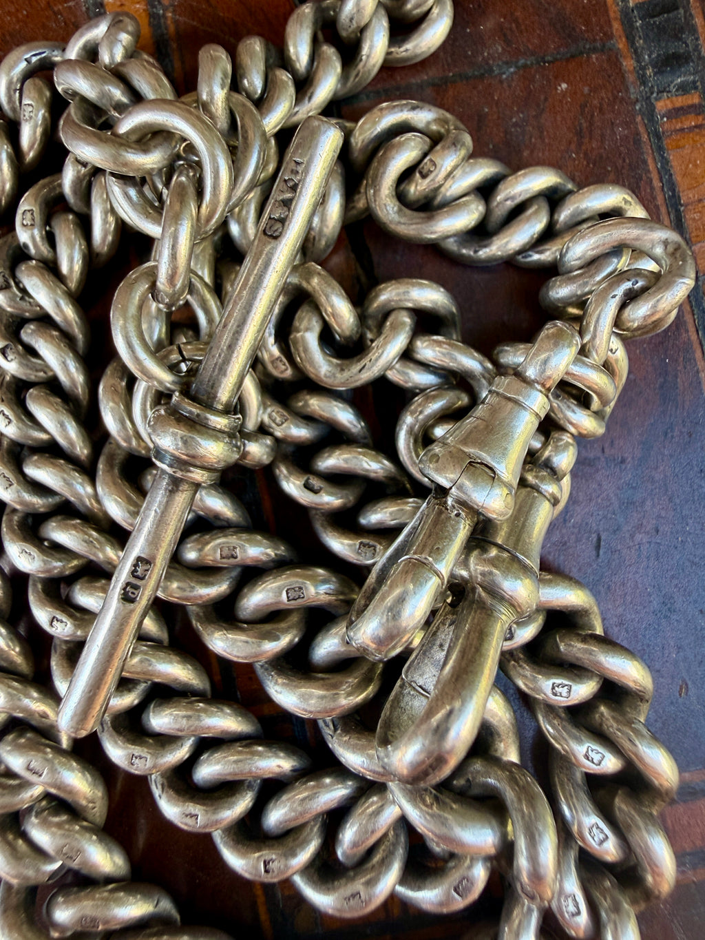 Antique Heavy Sterling Silver Double Albert Curb Watch Chain, Birmingham 1914