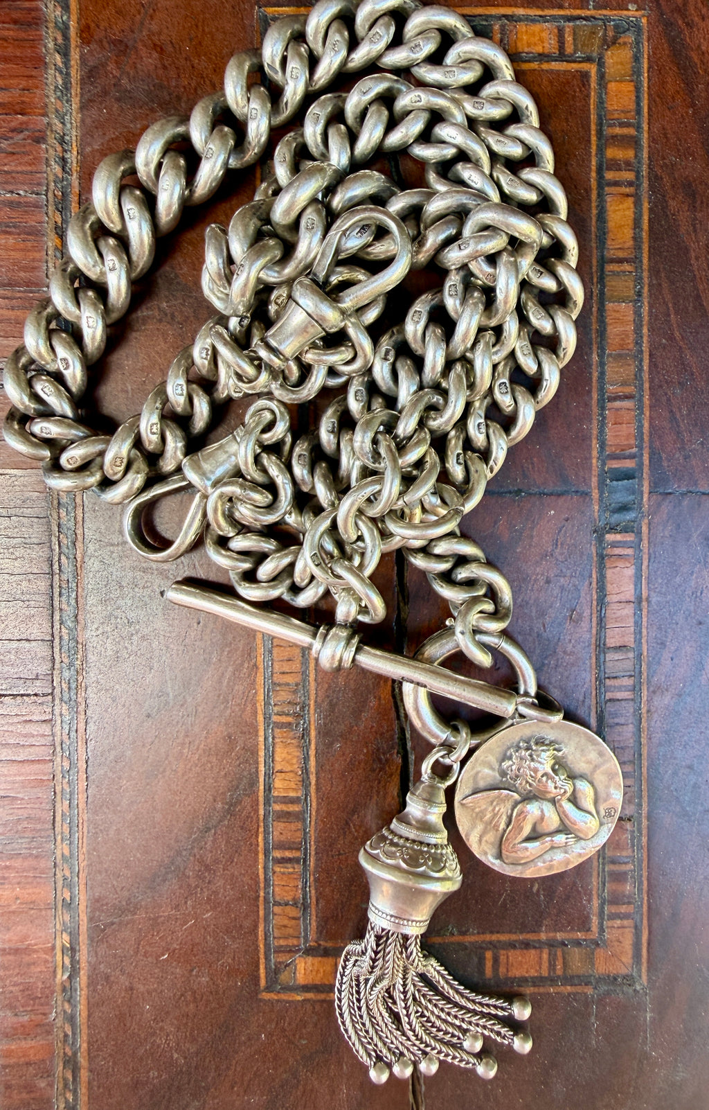 Antique Heavy Sterling Silver Double Albert Curb Watch Chain, Birmingham 1914