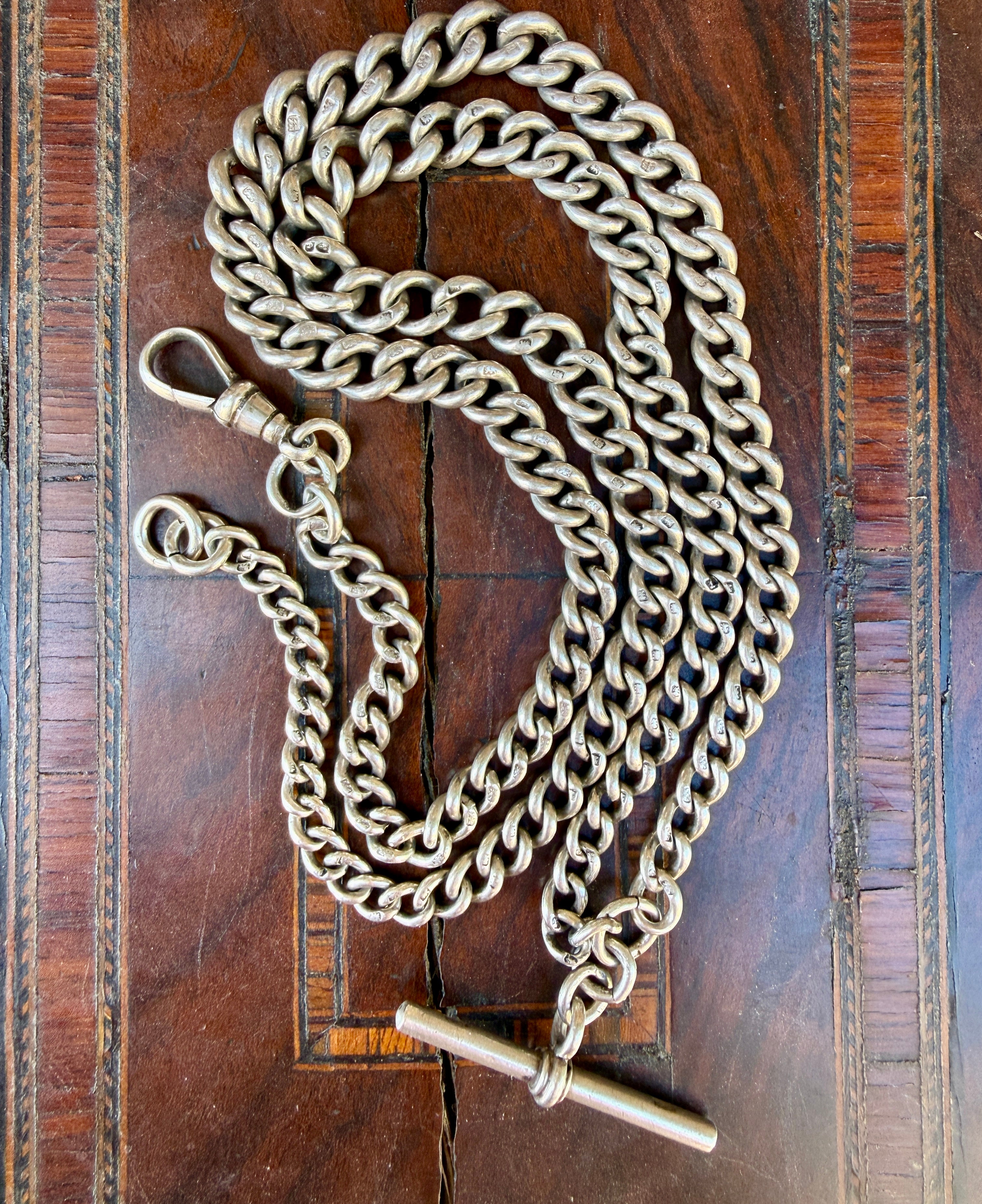 Long Graduated Antique Sterling Silver Curb Chain, Birmingham 1902