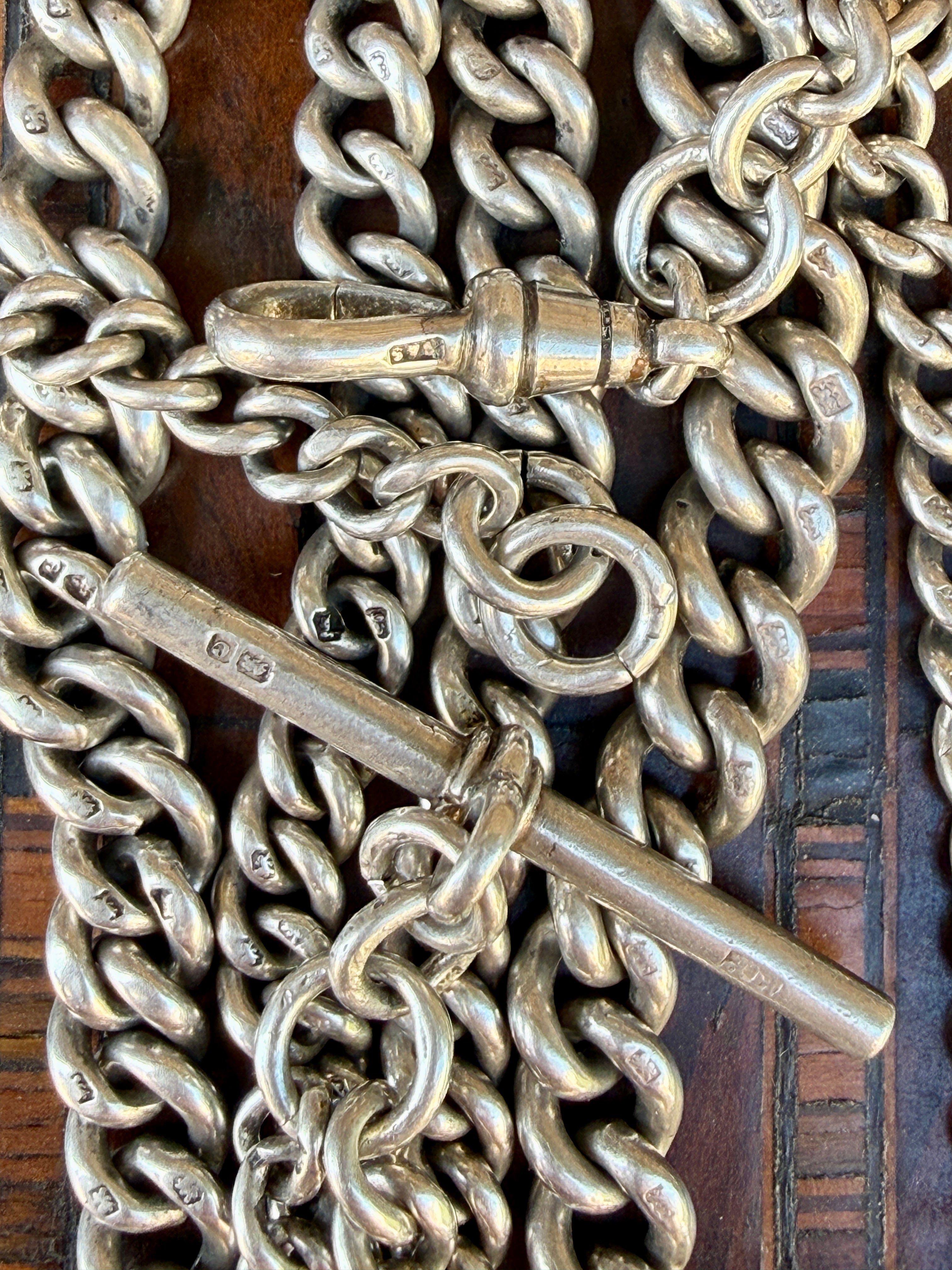 Long Graduated Antique Sterling Silver Curb Chain, Birmingham 1902