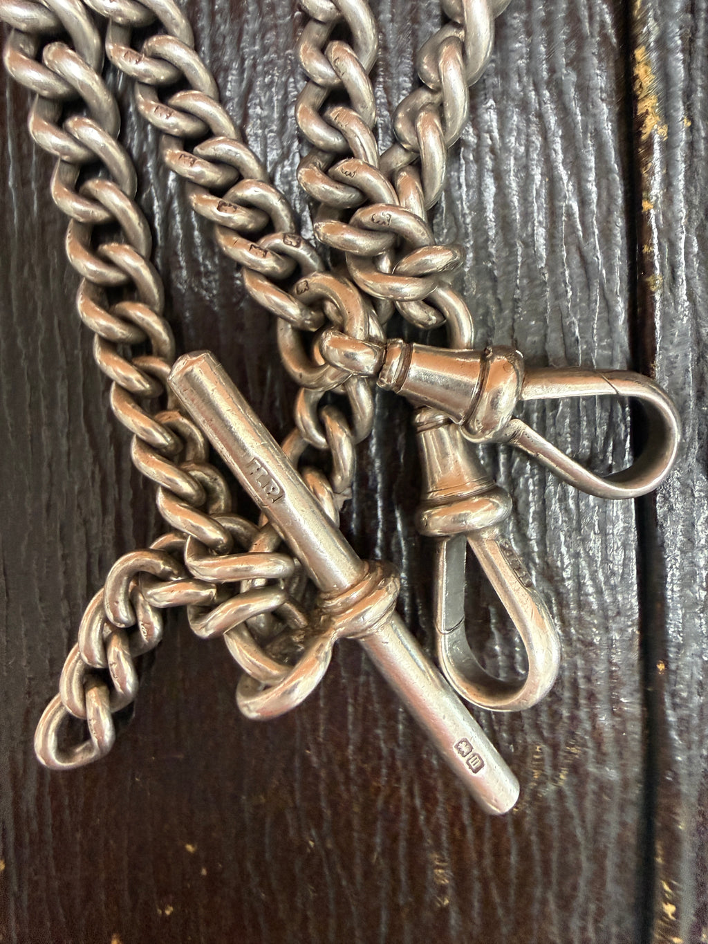 Antique Heavy Sterling Silver Double Albert Curb Watch Chain