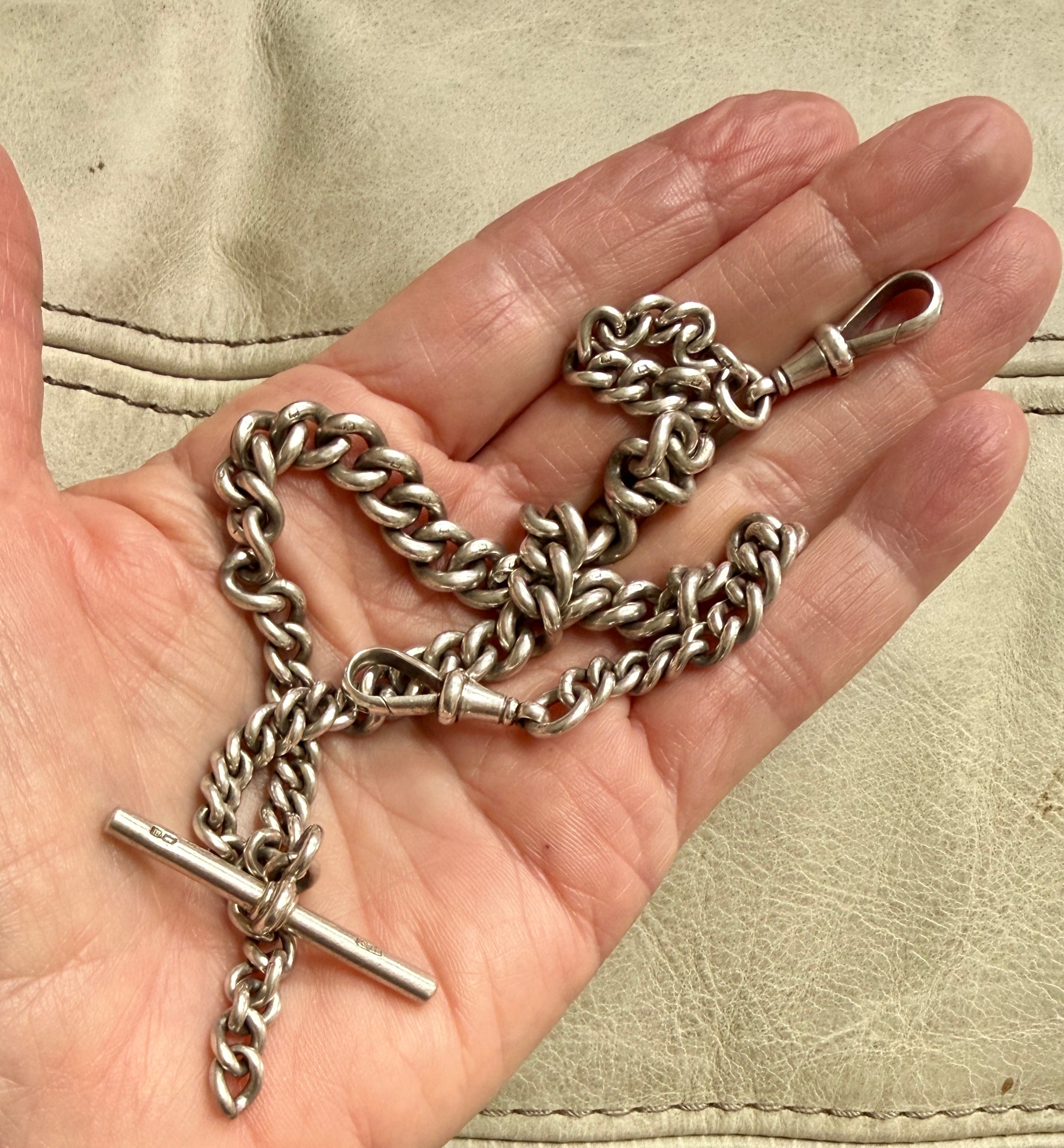 Antique Heavy Sterling Silver Double Albert Curb Watch Chain