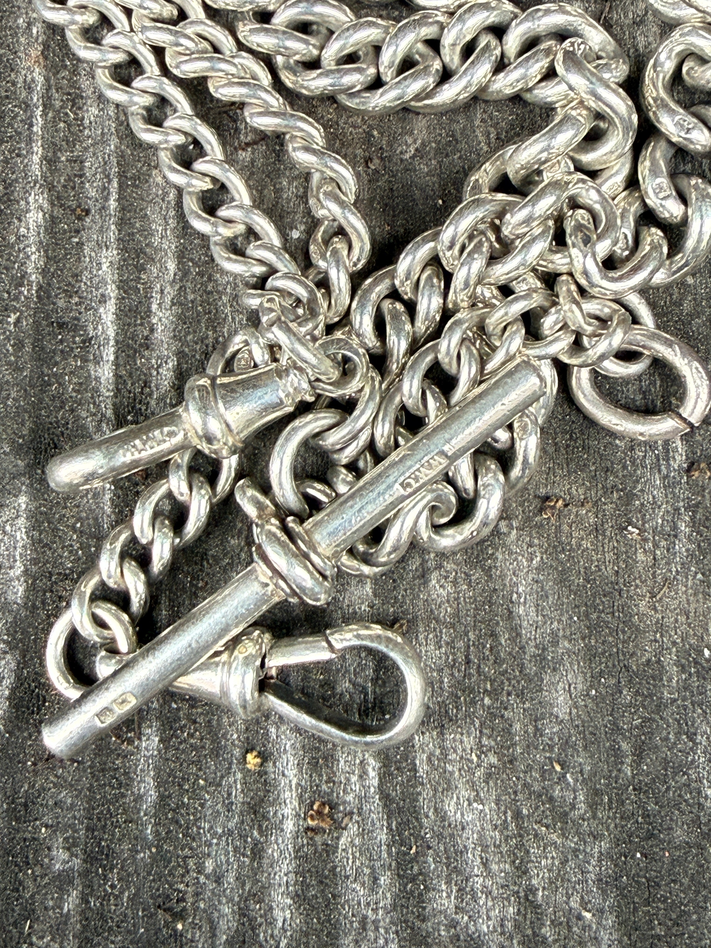 Weighty Antique Sterling Silver Graduated Curb Watch Chain