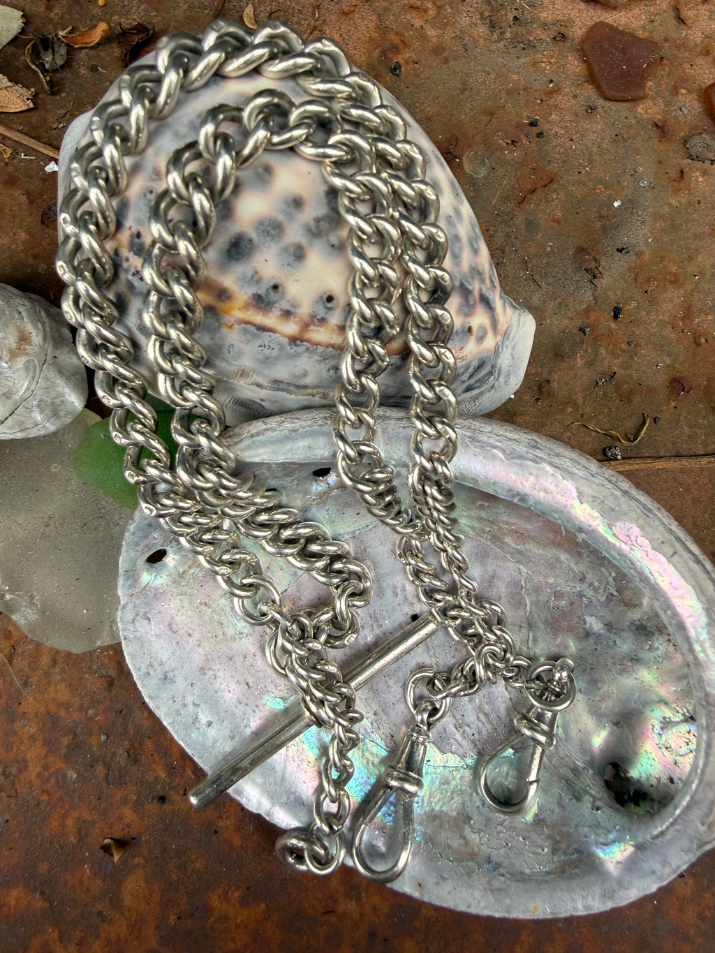 Weighty Antique Sterling Silver Graduated Curb Watch Chain