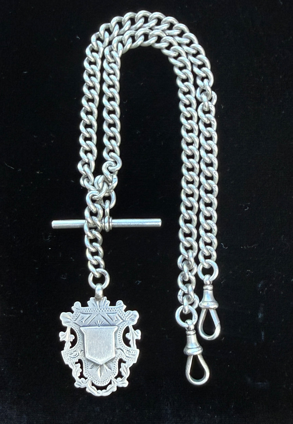 Antique Sterling Silver double Albert watch chain with Medal