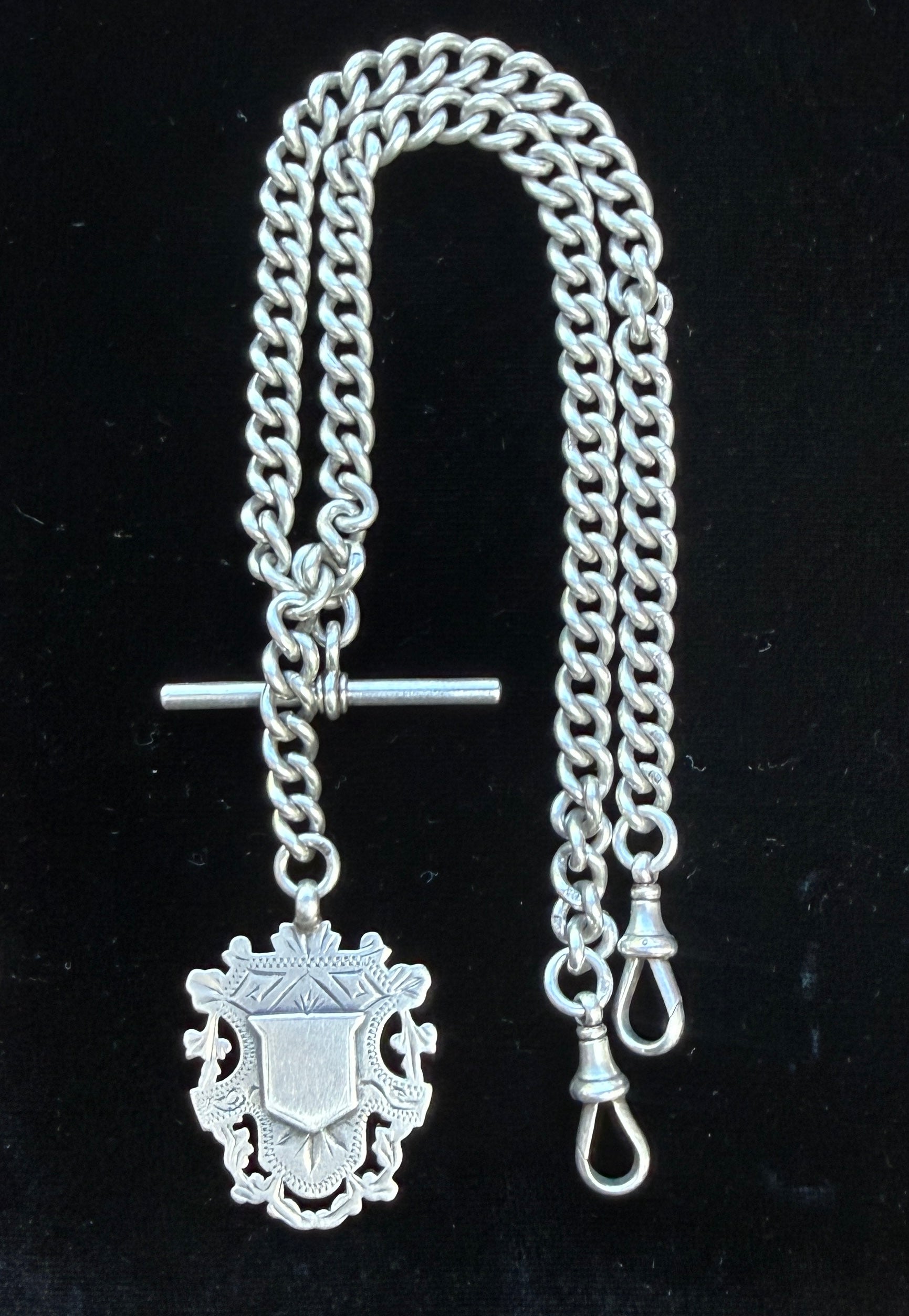 Antique Sterling Silver double Albert watch chain with Medal