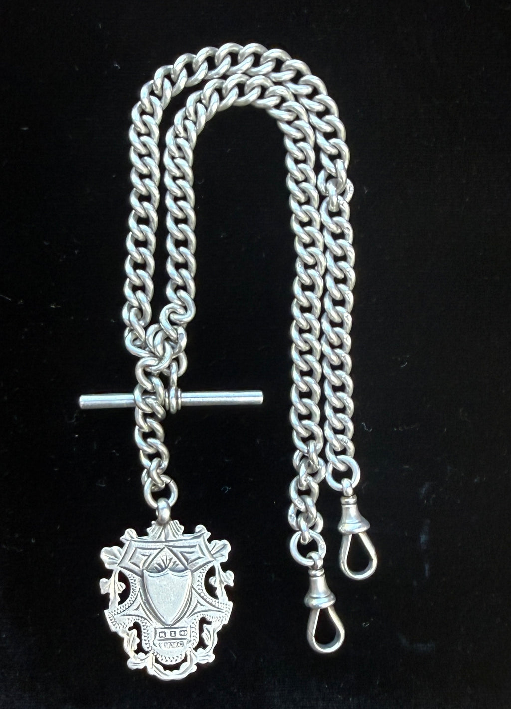 Antique Sterling Silver double Albert watch chain with Medal