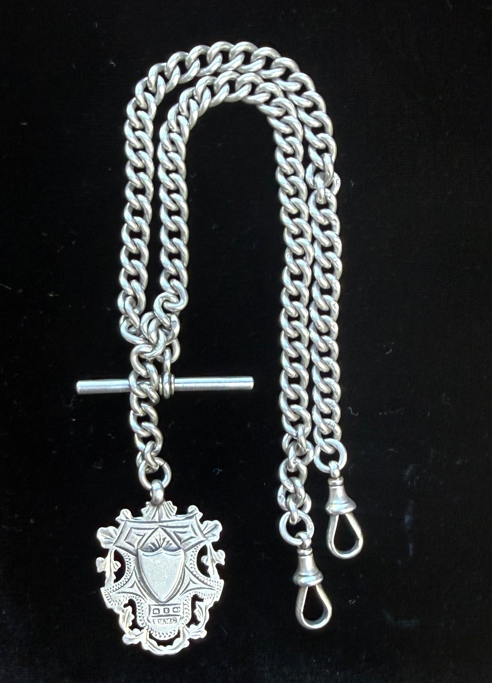 Antique Sterling Silver double Albert watch chain with Medal