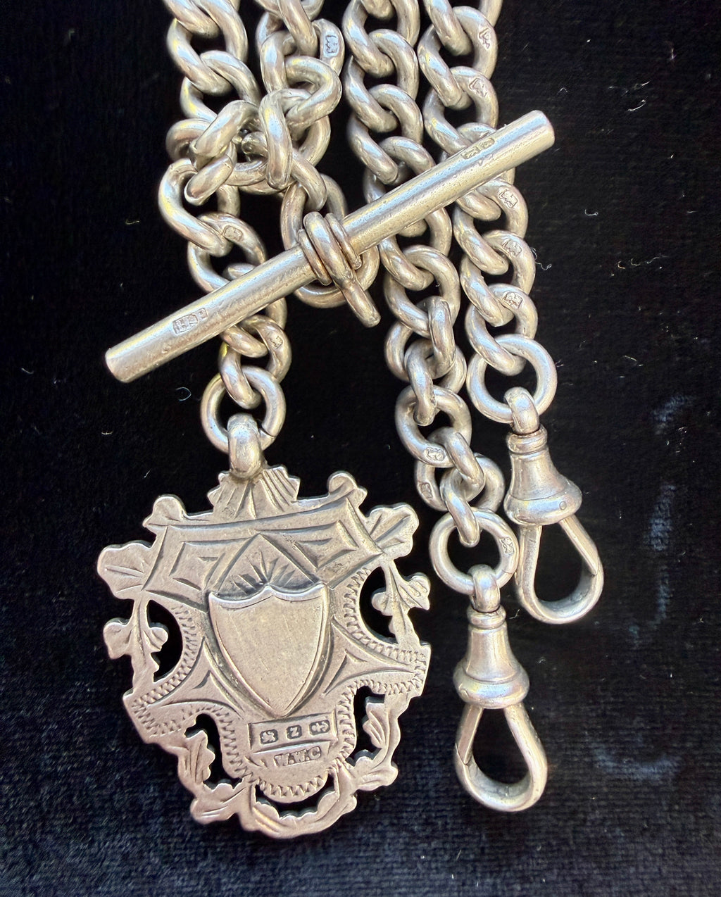 Antique Sterling Silver double Albert watch chain with Medal