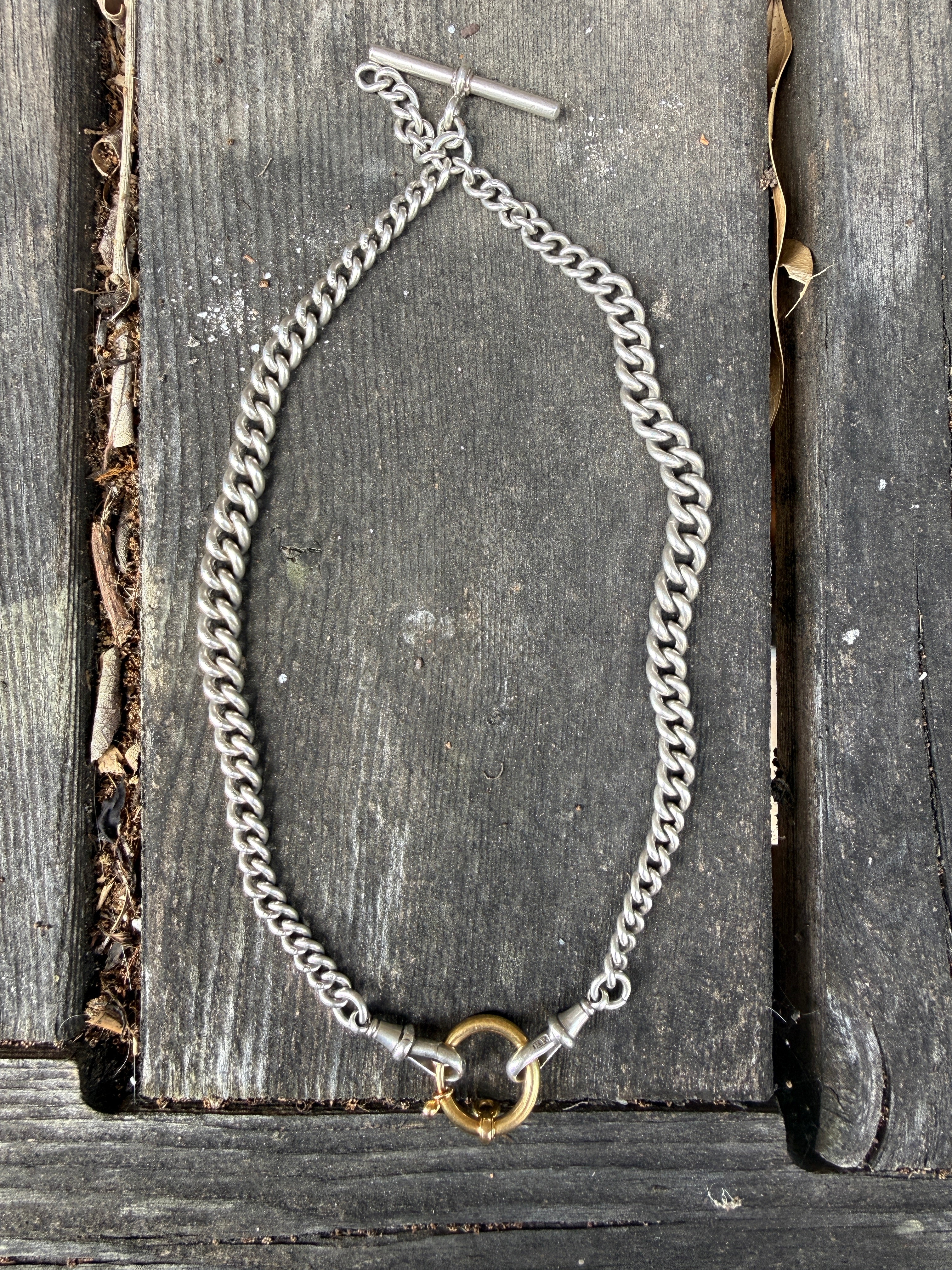 Antique Sterling Silver Double Albert Curb Watch Chain with Removable 18k bolt ring