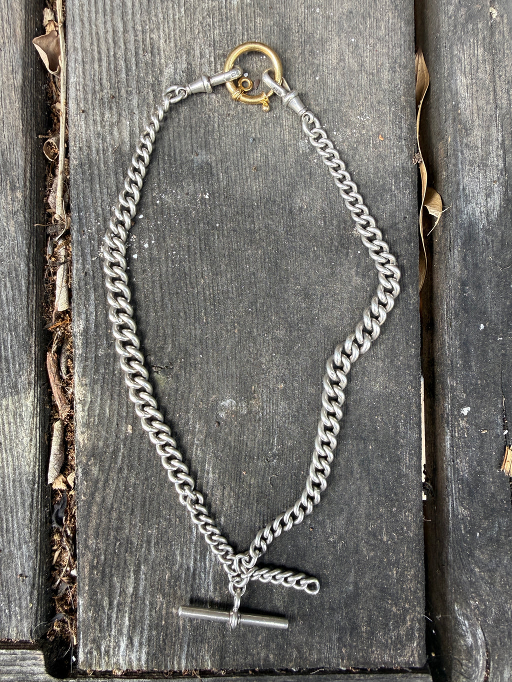 Antique Sterling Silver Double Albert Curb Watch Chain with Removable 18k bolt ring