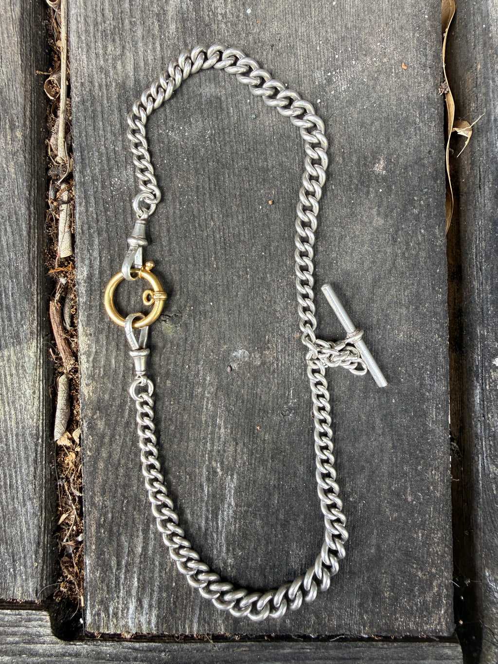 Antique Sterling Silver Double Albert Curb Watch Chain with Removable 18k bolt ring