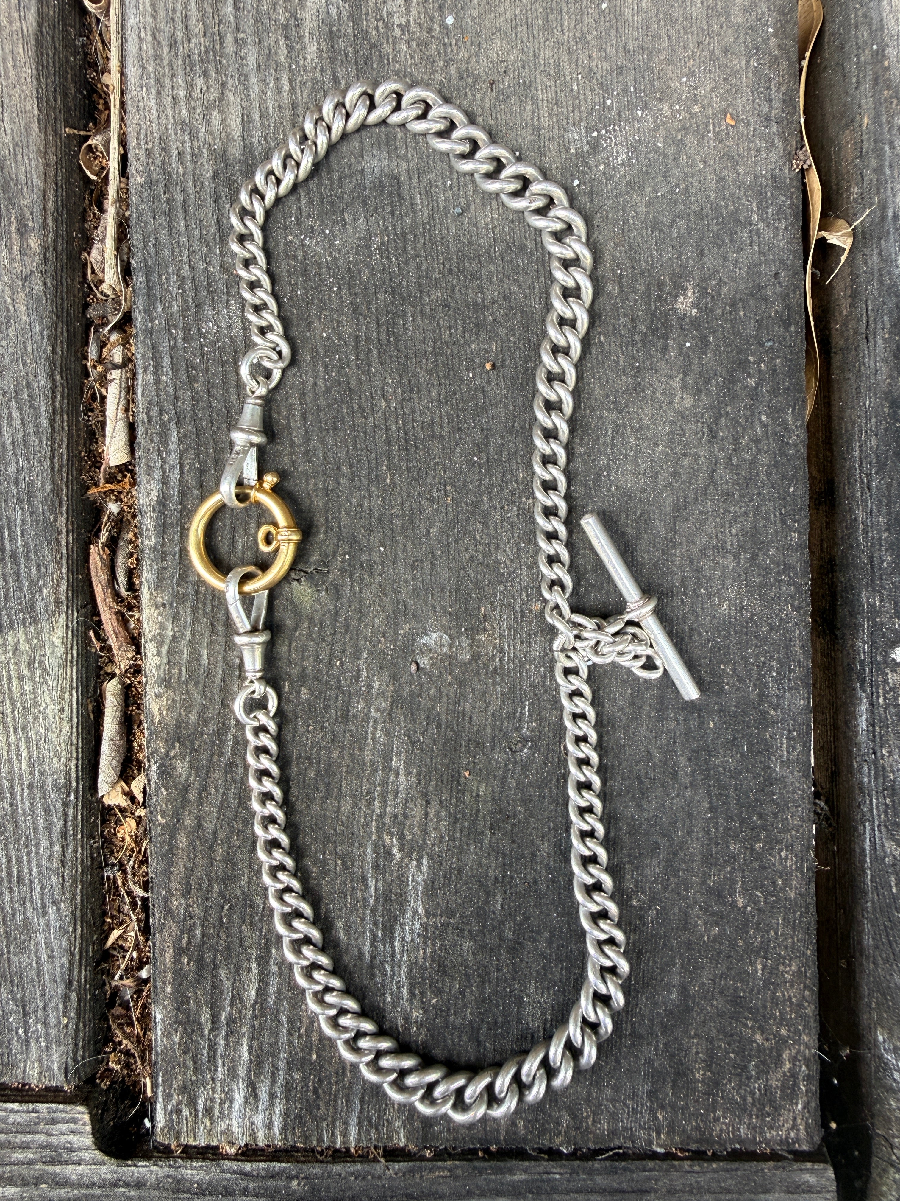 Antique Sterling Silver Double Albert Curb Watch Chain with Removable 18k bolt ring