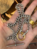 Antique Sterling Silver Double Albert Curb Watch Chain with Removable 18k bolt ring