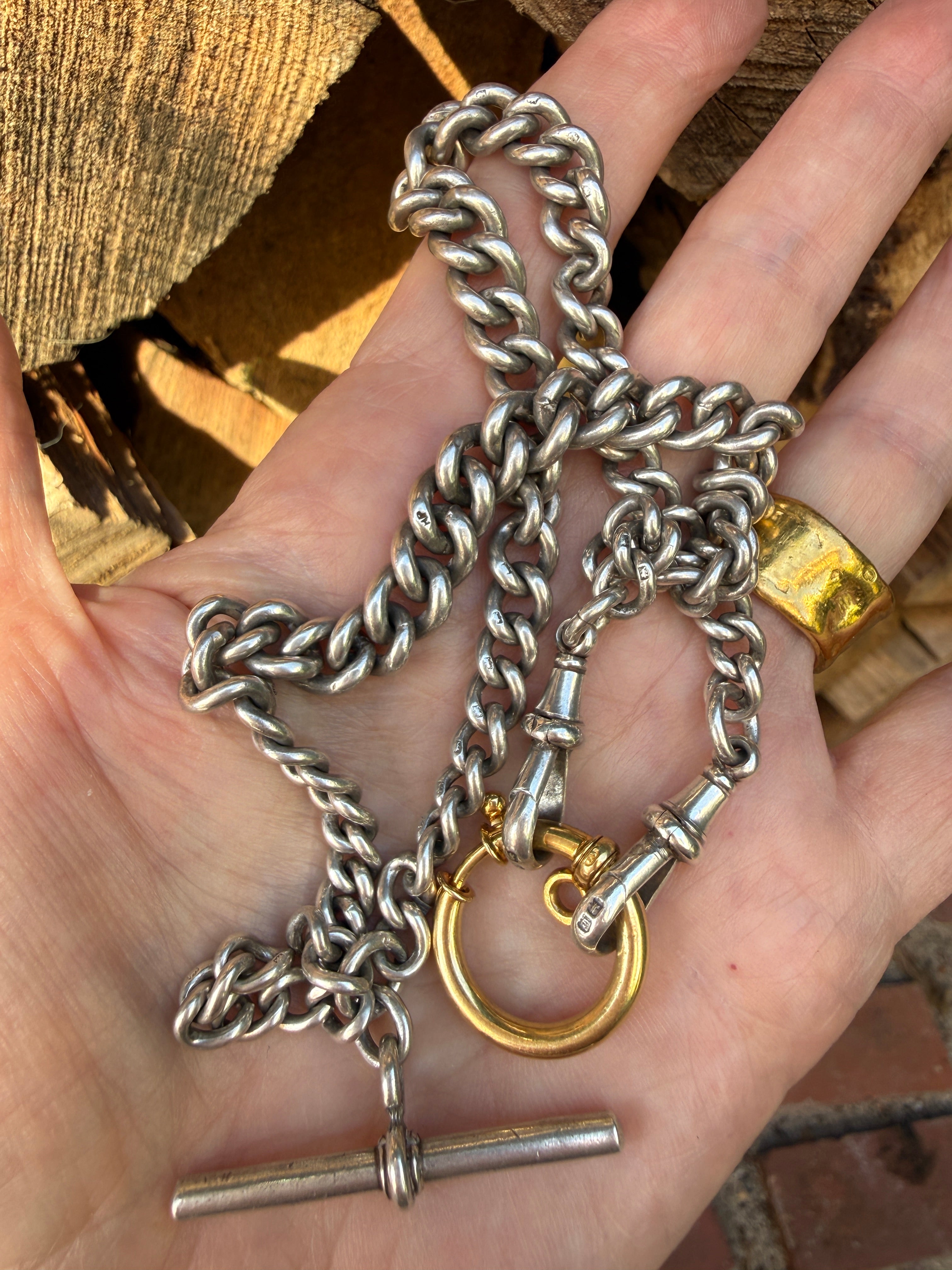 Antique Sterling Silver Double Albert Curb Watch Chain with Removable 18k bolt ring