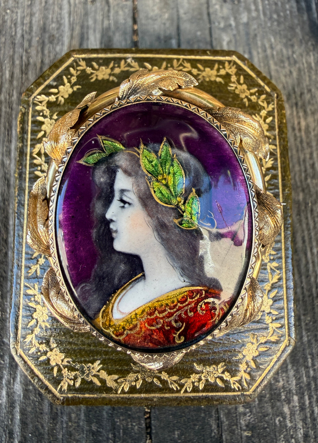 Antique Limoges 18k Gold Enamel Portrait Brooch – Signed Jules Sarlandie