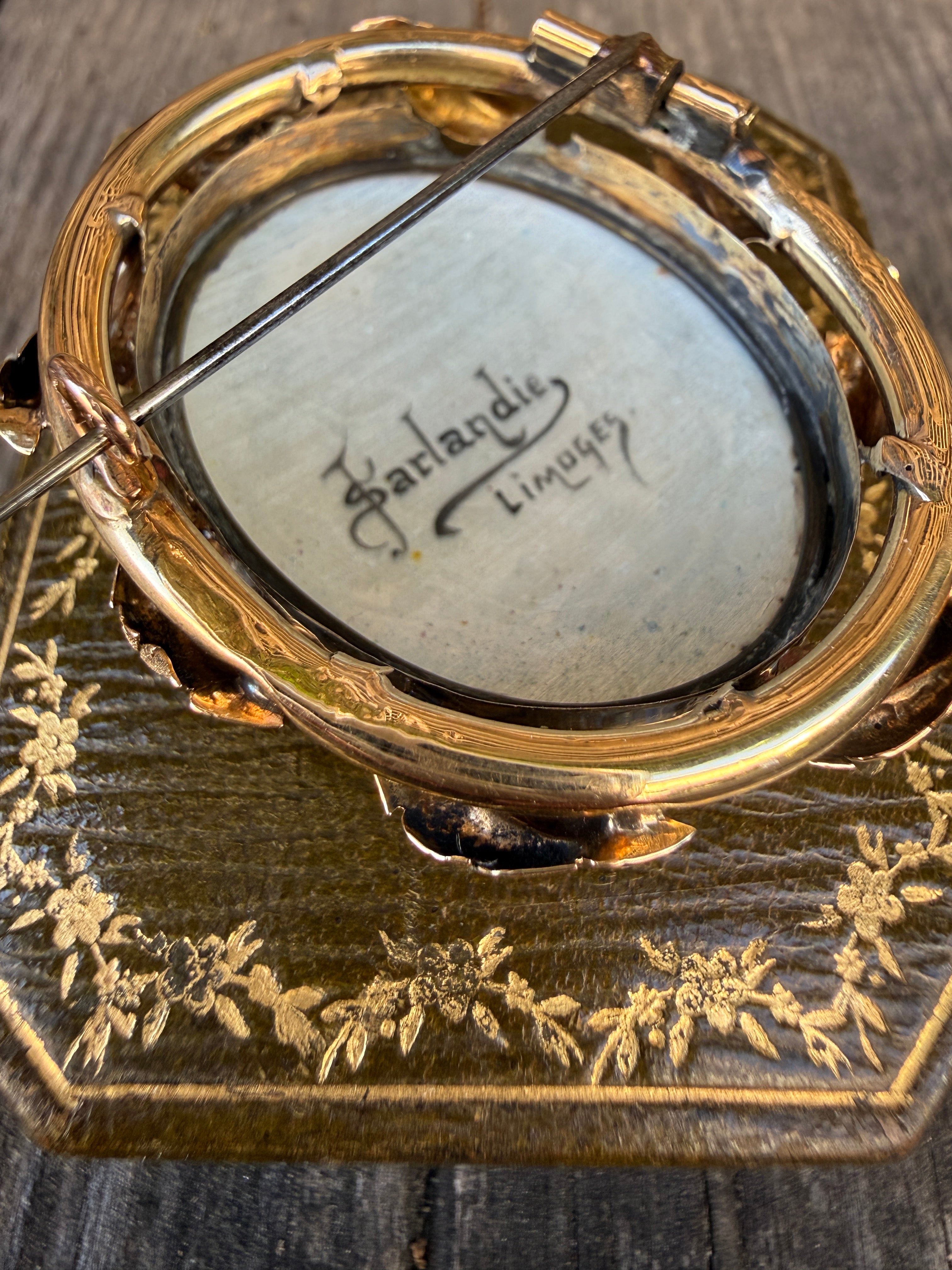 Antique Limoges 18k Gold Enamel Portrait Brooch – Signed Jules Sarlandie