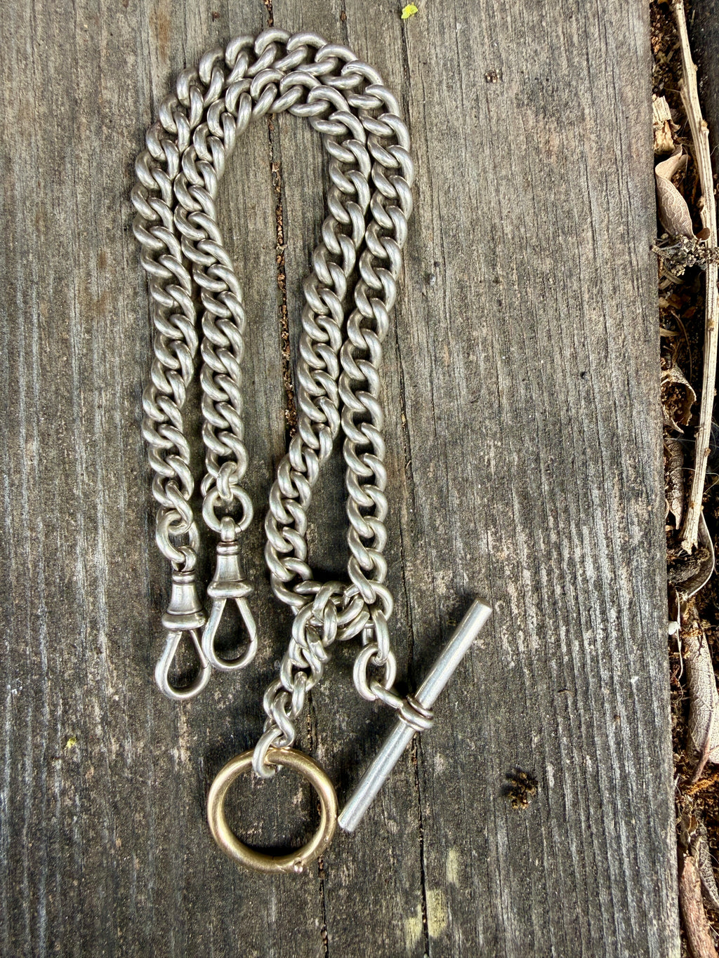 Antique Sterling Silver double Albert watch chain with Spring ring