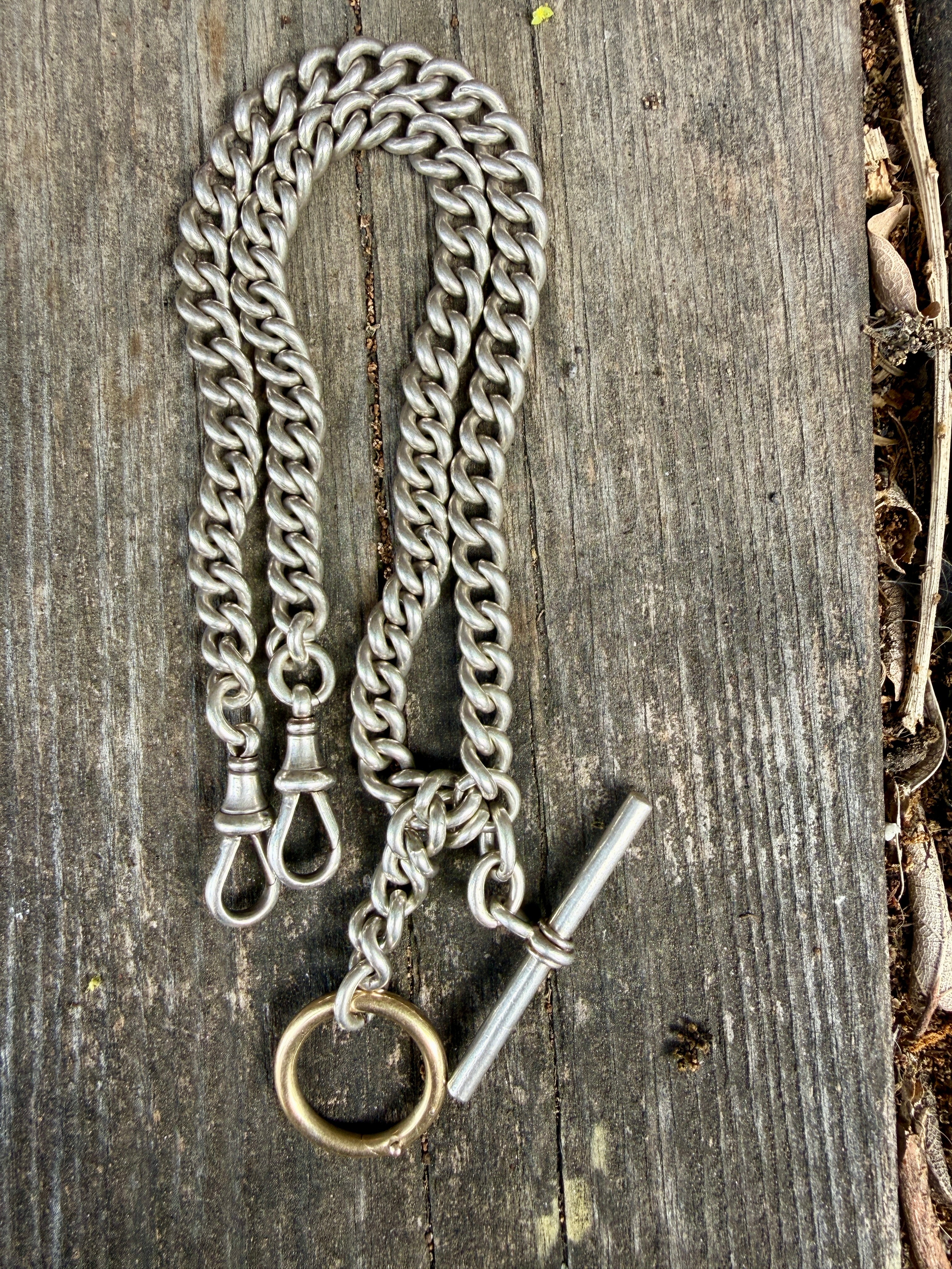 Antique Sterling Silver double Albert watch chain with Spring ring