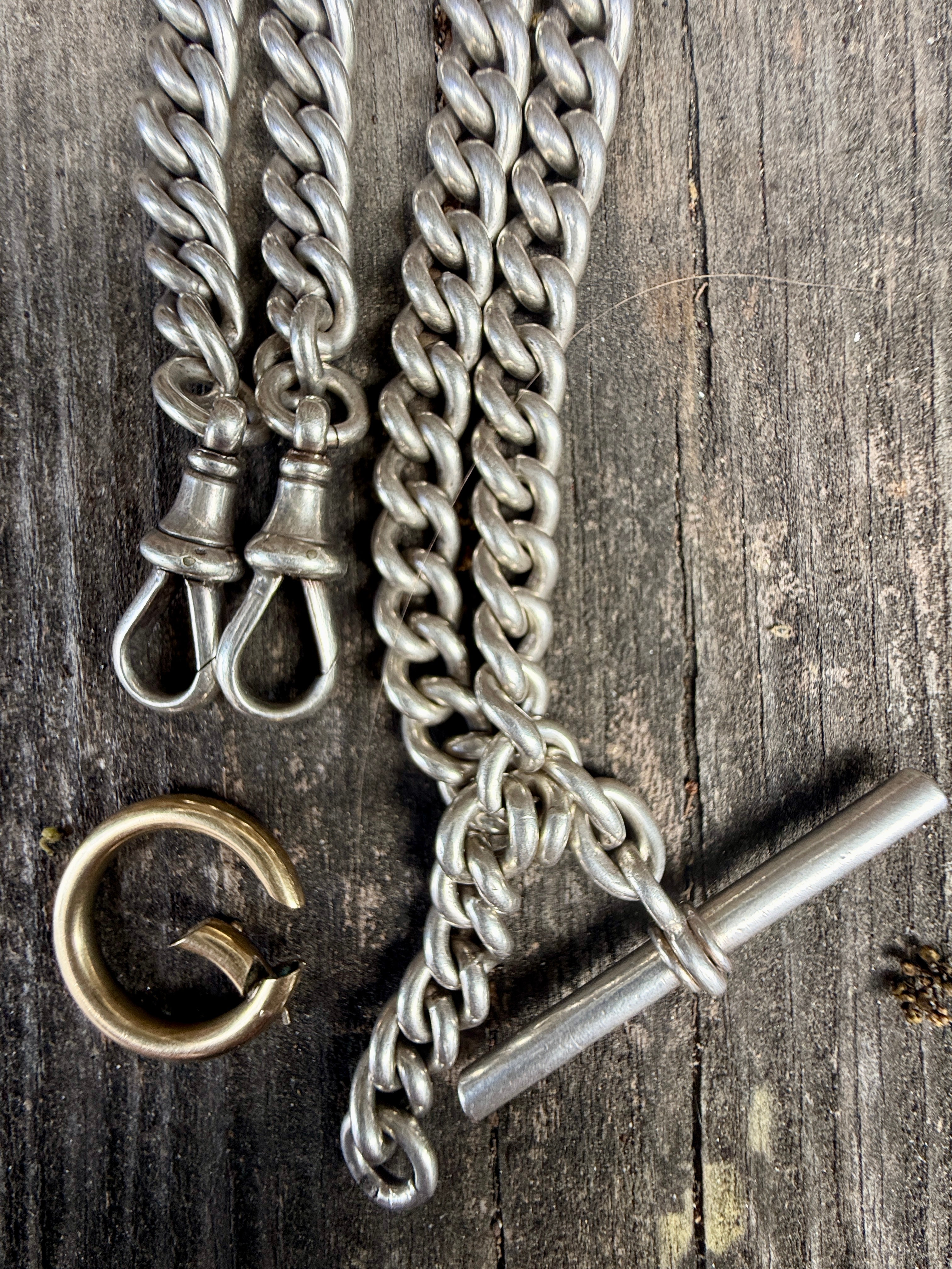 Antique Sterling Silver double Albert watch chain with Spring ring
