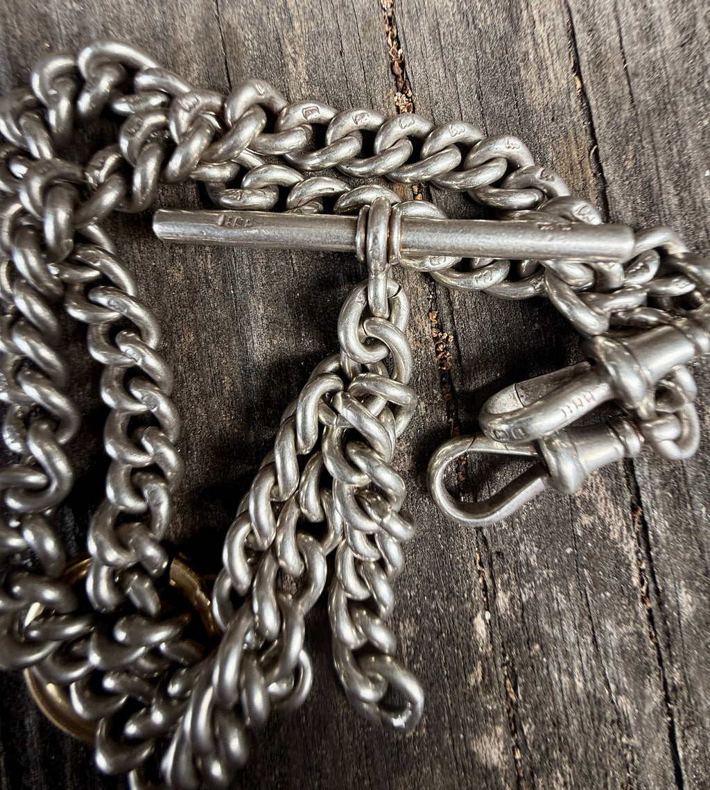 Antique Sterling Silver double Albert watch chain with Spring ring