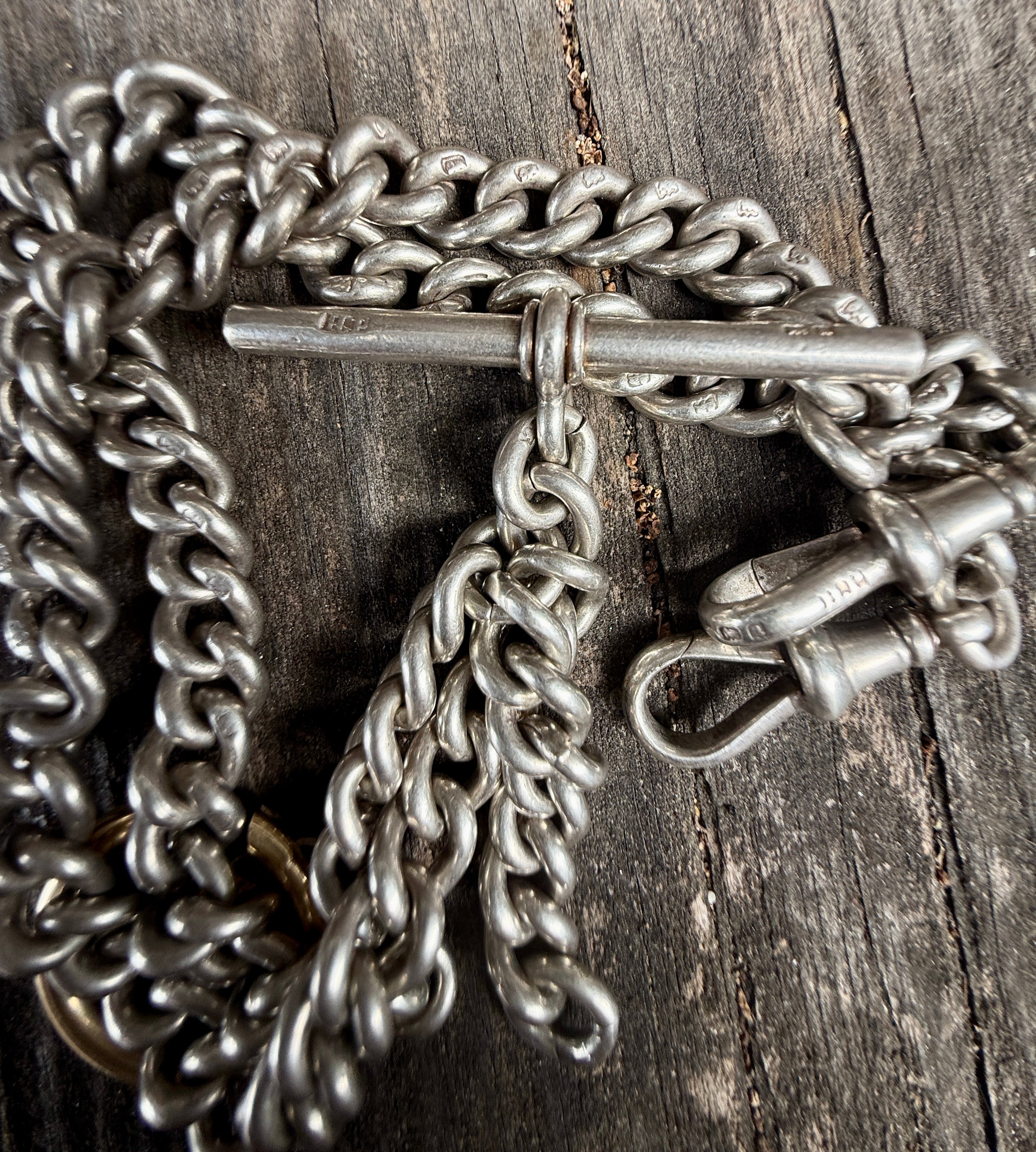 Antique Sterling Silver double Albert watch chain with Spring ring