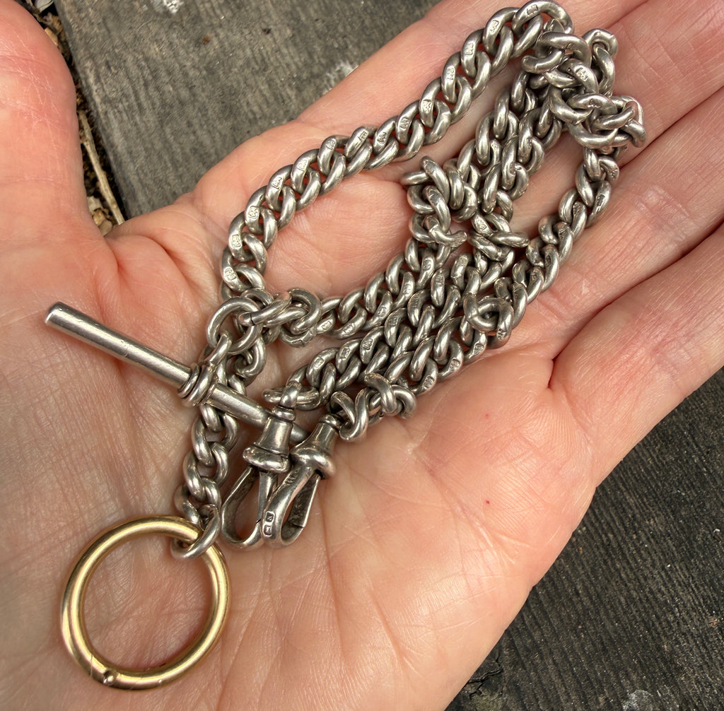 Antique Sterling Silver double Albert watch chain with Spring ring