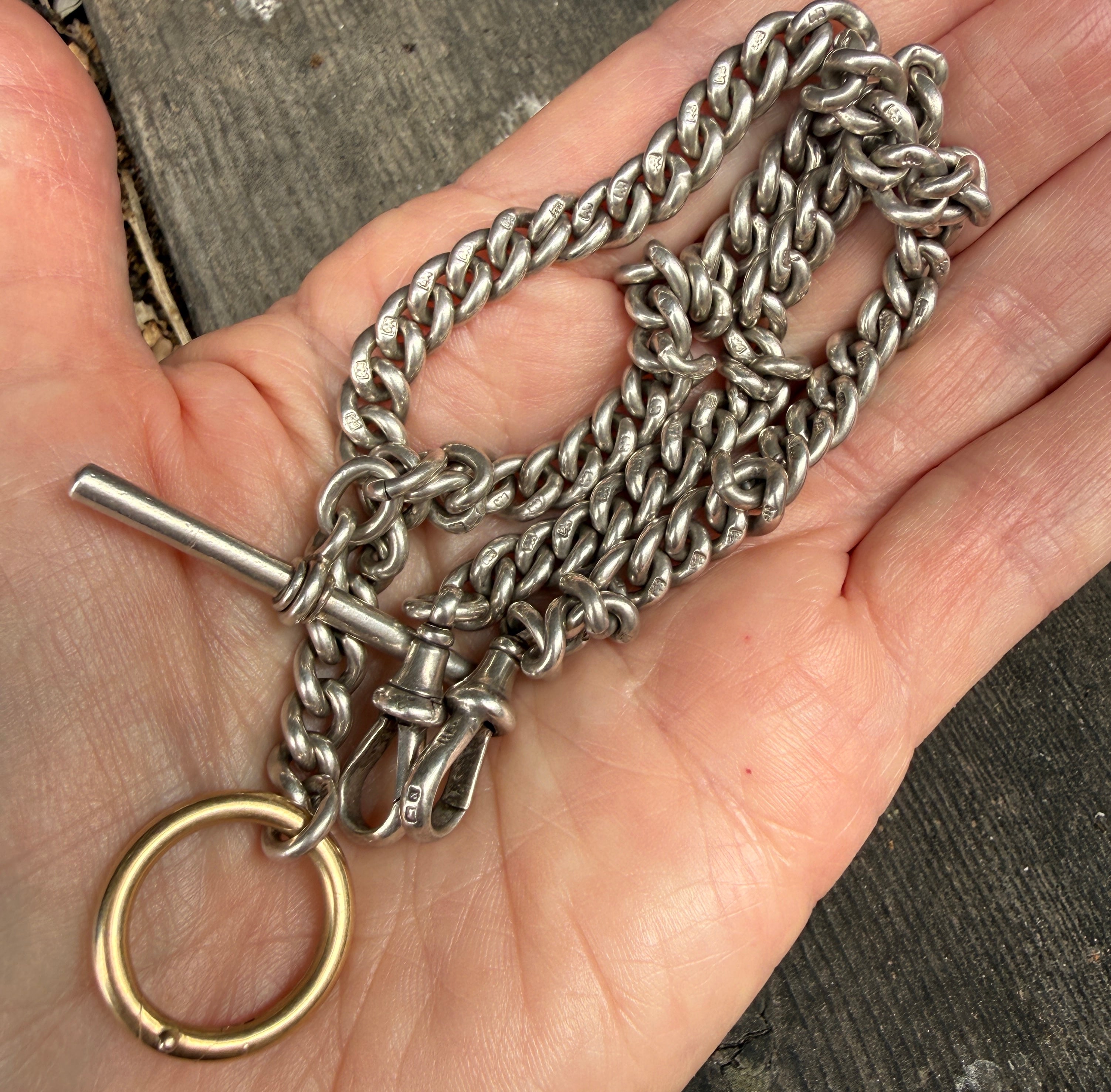 Antique Sterling Silver double Albert watch chain with Spring ring