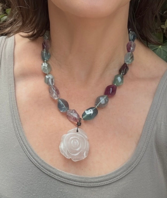 Chunky Vintage Fluorite Beads with Rosy Pendant